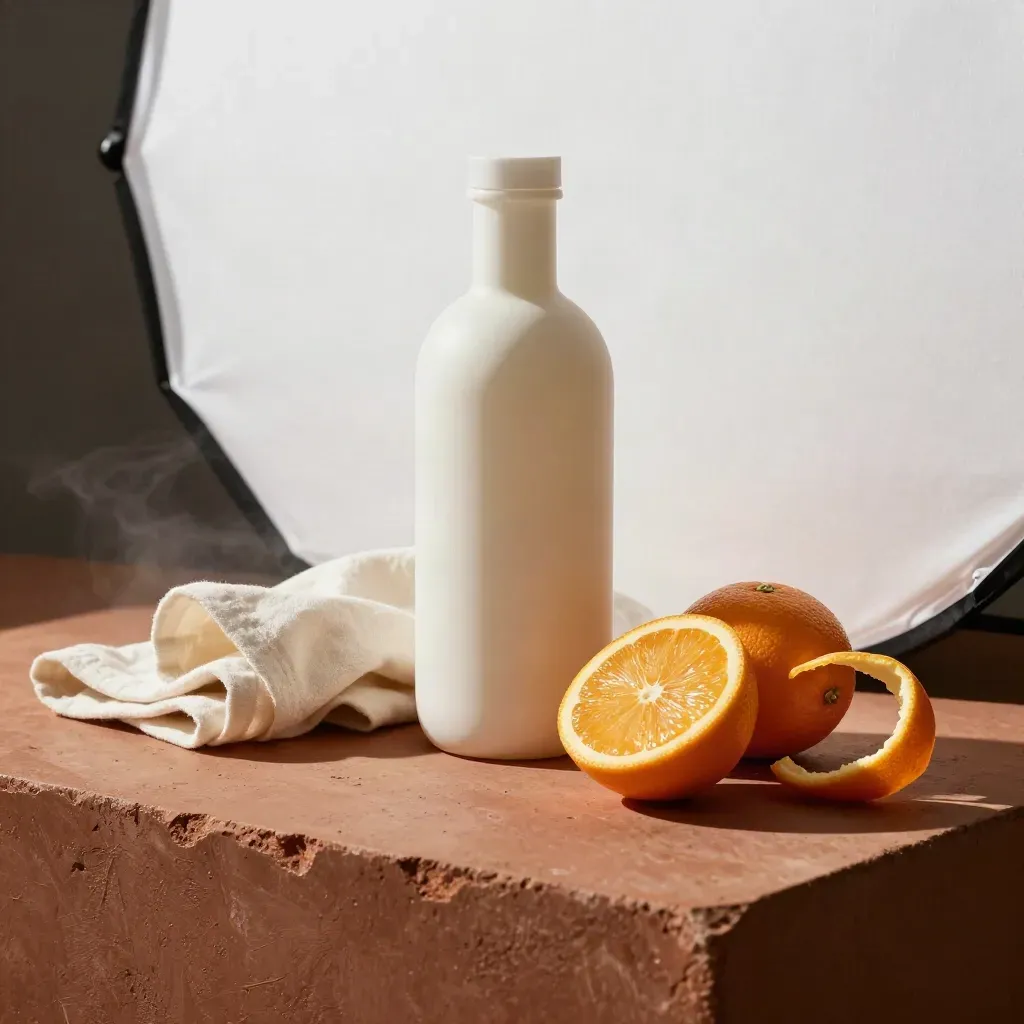 Set foto konten brand dengan botol kaca matte, kain lipat, jeruk, dan panel reflektor putih.